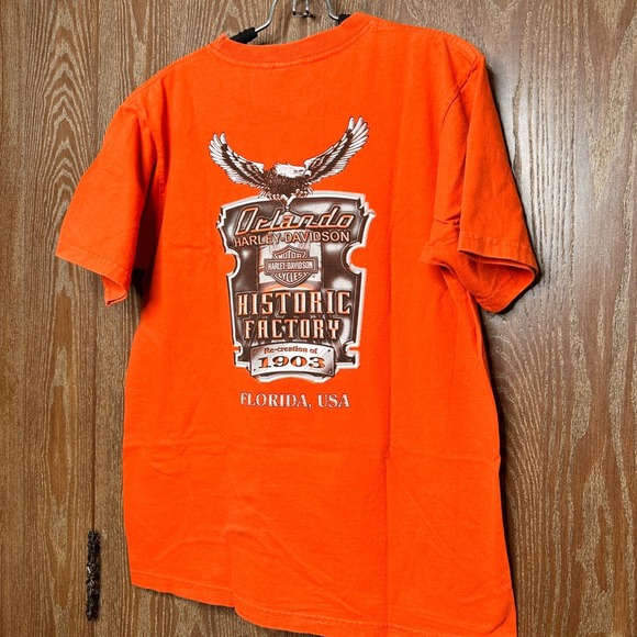 Vintage Harley Davidson Orlando Historic Factory Orange Graphic Pocket T Shirt L - Picture 2 of 8